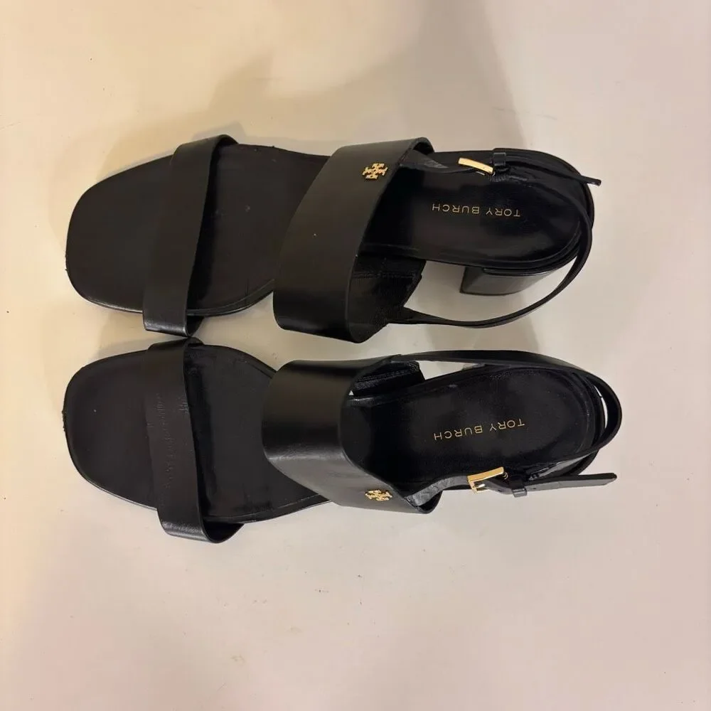 Tory Burch Black Leather Low Block Heel Sandals Size 8.5 - Picture 4 of 10